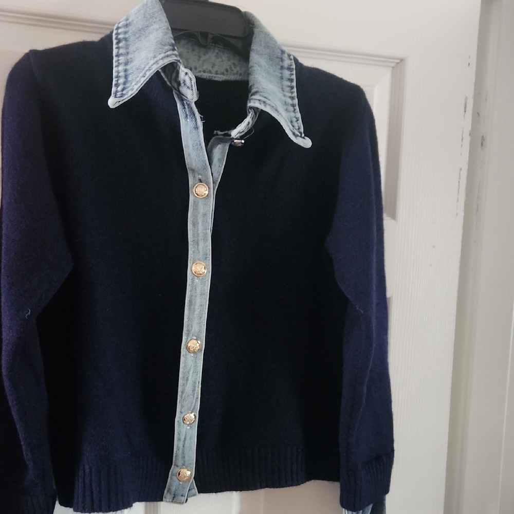 Navy Sweater with Denim Collar,  Cuffs and Gold Buttons